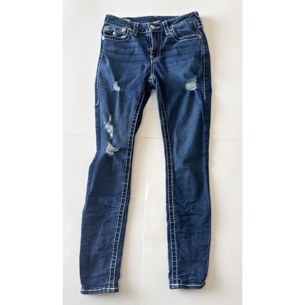True Religion Women's Blue Distressed Jennie Cuvy Mid Rise Skinny Jeans Size 29
